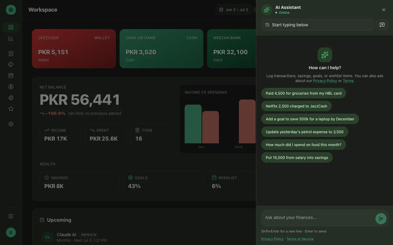 The Money Diary AI assistant panel — a chat thread where a typed sentence becomes a confirmed ledger entry.